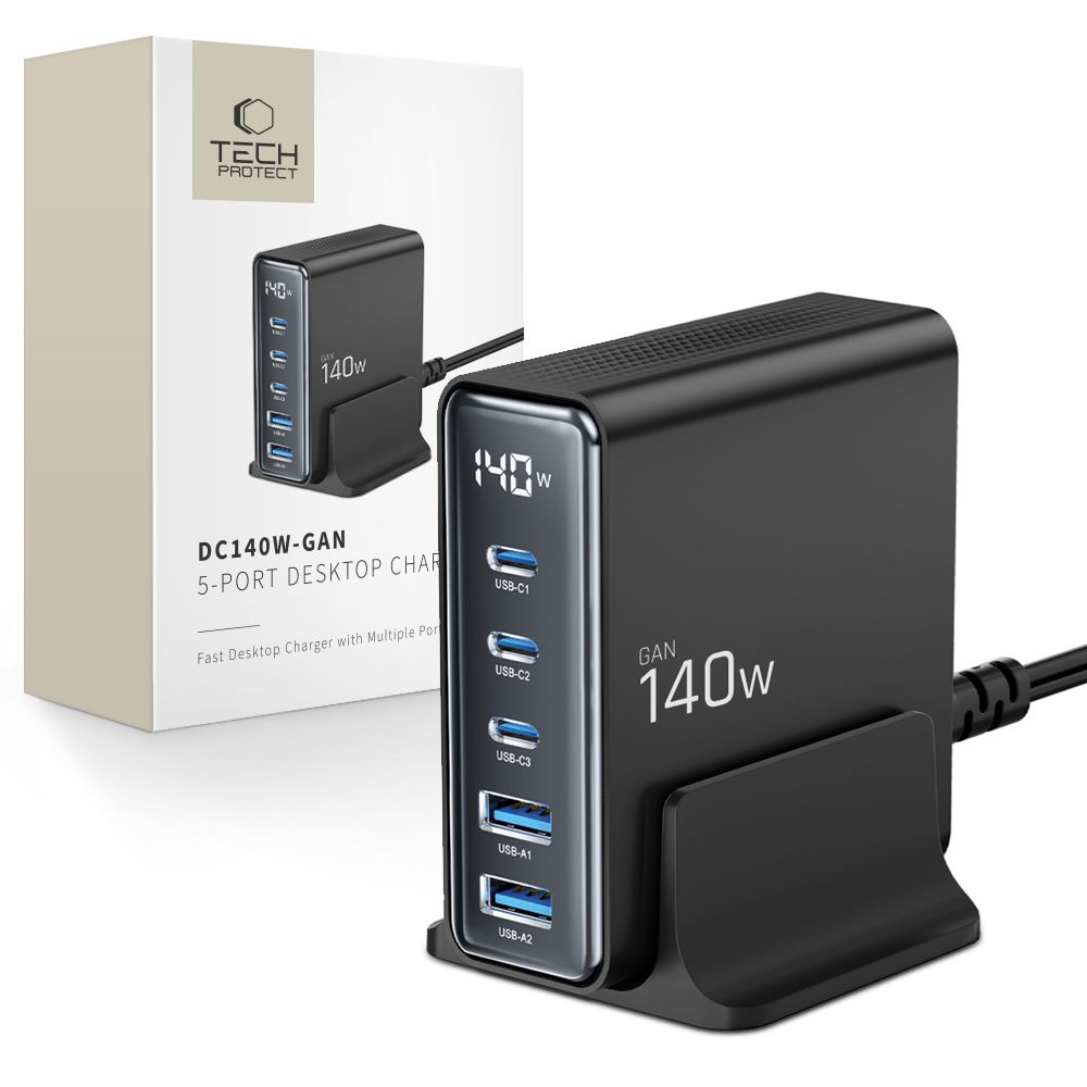 Tech-protect Dc140w-gan 5-port Desktop Charger Pd140w/qc3.0 Black Tech-protect Dc140w-gan 5-port Desktop Charger Pd140w/qc3.0 Black