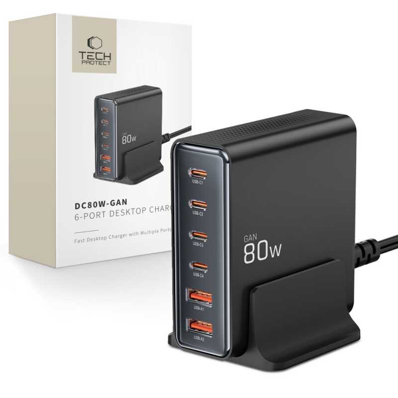 Tech-protect Dc80w-gan 6-port Desktop Charger Pd80w/qc3.0 Black
