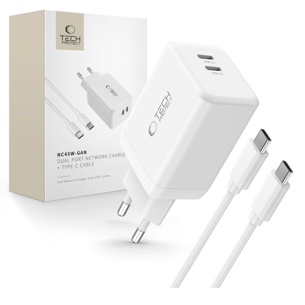Tech-protect Nc45w-gan 2-port Network Charger Pd45w + Type-c Cable White Tech-protect Nc45w-gan 2-port Network Charger Pd45w + Type-c Cable White