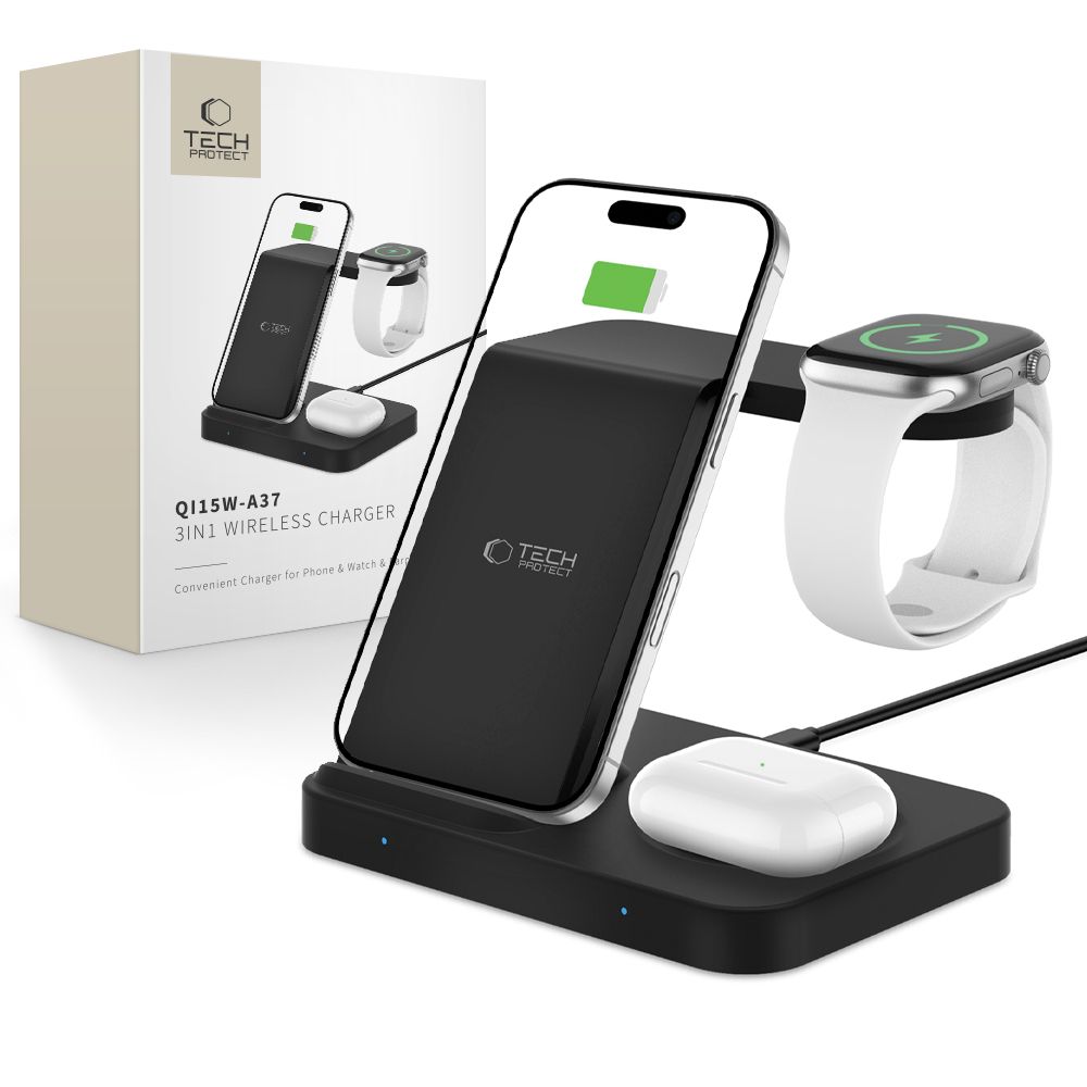 Tech-protect Qi15w-a37 3in1 Wireless Charger For Android & Apple Black