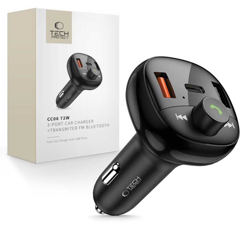 Tech-protect Cc06 3-port Car Charger Pd72w + Transmiter Fm Bluetooth Black