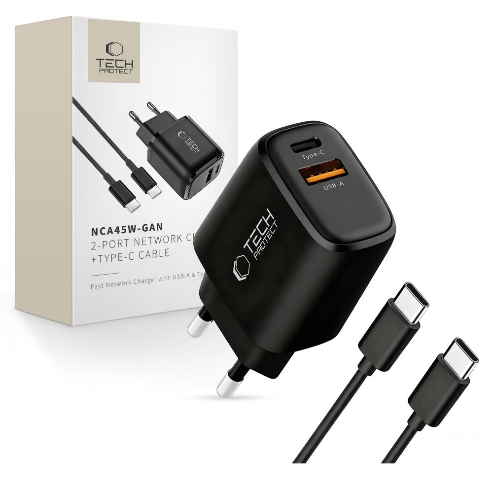 Tech-protect Nca45w-gan 2-port Network Charger Pd 45w / Qc3.0 + Type-c Cable Black Tech-protect Nca45w-gan 2-port Network Charger Pd 45w / Qc3.0 + Type-c Cable Black