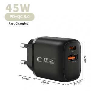 Tech-protect Nca45w-gan 2-port Network Charger Pd 45w / Qc3.0 + Type-c Cable Black Tech-protect Nca45w-gan 2-port Network Charger Pd 45w / Qc3.0 + Type-c Cable Black