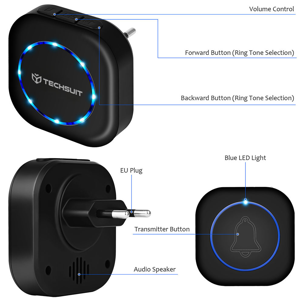 Techsuit Buzzzly SU1 Ασύρματο Αδιάβροχο Κουδούνι Πόρτας με 38 Μελωδίες Techsuit Buzzzly SU1 Ασύρματο Αδιάβροχο Κουδούνι Πόρτας με 38 Μελωδίες, 4 Επίπεδα Έντασης & Φωτεινή Ειδοποίηση Μαύρο - Image 4