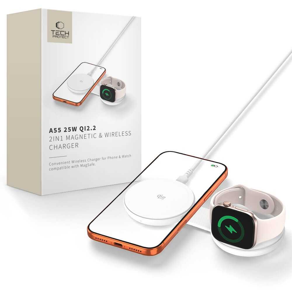 Tech-protect A55 2in1 Magnetic Magsafe Wireless Charger 25w Qi2.2 White Tech-protect A55 2in1 Magnetic Magsafe Wireless Charger 25w Qi2.2 White
